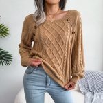 Square Neck Button Fried Dough Twist Knitting Sweater - Image 3