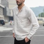 Men Vintage White Shirt Button Linen Shirts - Image 5