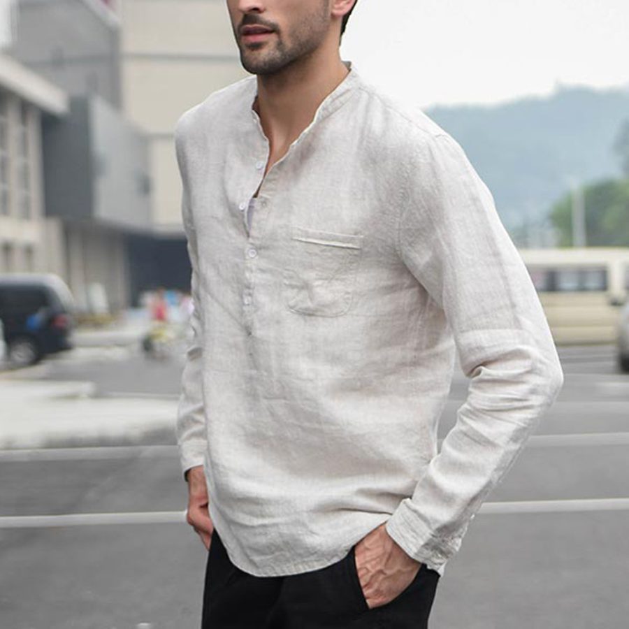 Men Vintage White Shirt Button Linen Shirts - Image 5