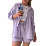 Spring Champray Lapel Long Sleeve Shirt High Waist Drawstring Shorts Plus Size Fashion Casual Set - Image 7