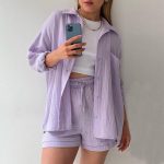 Spring Champray Lapel Long Sleeve Shirt High Waist Drawstring Shorts Plus Size Fashion Casual Set - Image 4