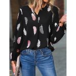 Feather Print Polo Shirt Long Lantern Sleeve Shirt Turndown Collar Breasted Tops Clothes - Image 4