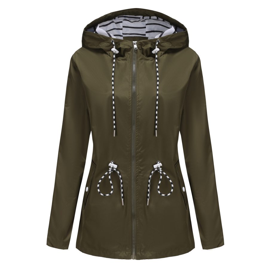 Long Sleeved Splashproof Mid Length Windbreaker For Women's Hooded Raincoat - Image 2