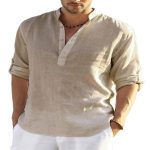 Men's Casual Cotton Linen Solid Color Long Sleeve Shirt Loose Stand Collar - Image 9