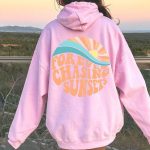 Fleece-lined Sunset Print Kangaroo Pocket Drawstring Hoodie - Image 5