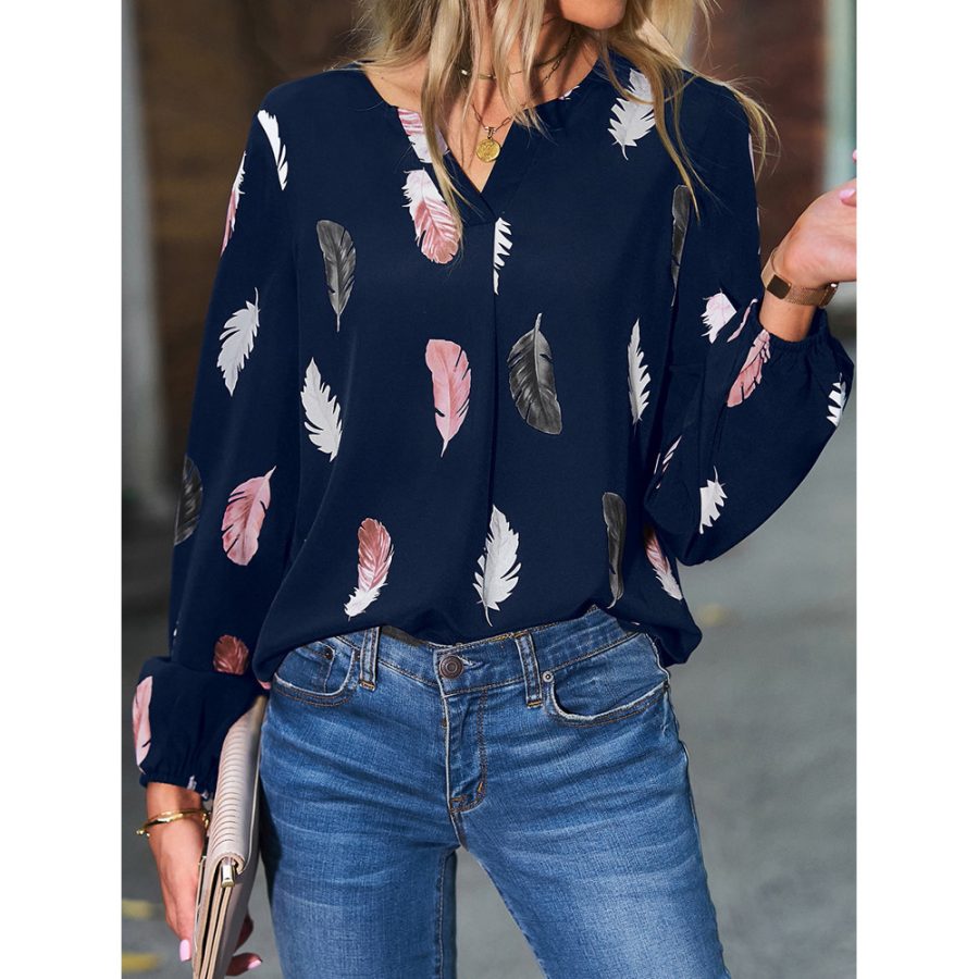 Feather Print Polo Shirt Long Lantern Sleeve Shirt Turndown Collar Breasted Tops Clothes - Image 3