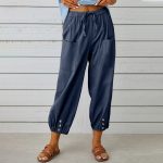 Women Drawstring Tie Pants Spring Summer Cotton And Linen Trousers With Pockets Button - Image 10