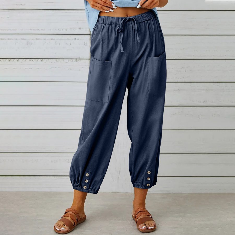 Women Drawstring Tie Pants Spring Summer Cotton And Linen Trousers With Pockets Button - Image 10