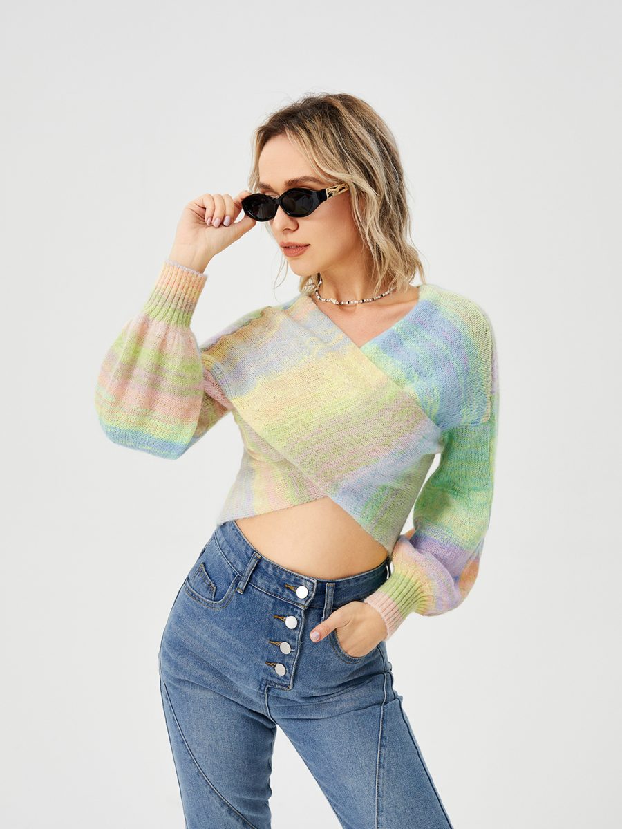 Women's Loose Casual Rainbow Stretch Off Shoulder Sweater - Image 4
