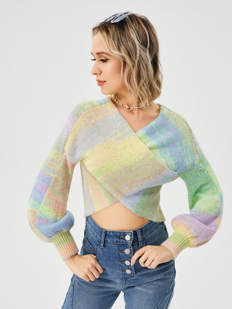 Women's Loose Casual Rainbow Stretch Off Shoulder Sweater - Image 3
