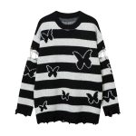 Striped Contrast Color Butterfly Round Neck Sweater Autumn And Winter