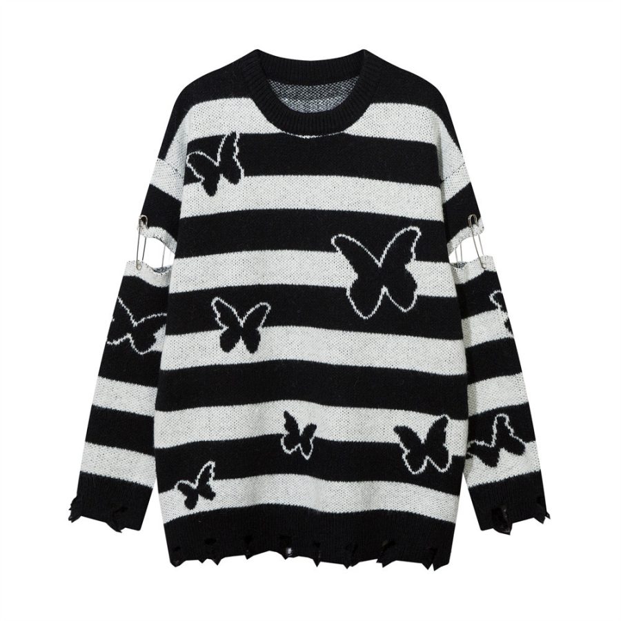 Striped Contrast Color Butterfly Round Neck Sweater Autumn And Winter