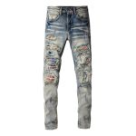 Iridescence Printed Patch Worn Baby Blue Jeans Male - Image 4
