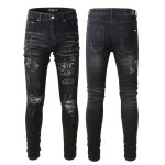 Men's Black Paisley Printed Patch Ripped Jeans - Image 4