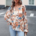 Women's Tops Casual Floral Print V Neck Long Sleeve Shirts Loose Chiffon Blouses Shirts Tops - Image 9
