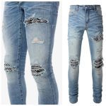 Cashew Flower Printed Patch Slim Fitting Light Colored Jeans For Men - Image 6