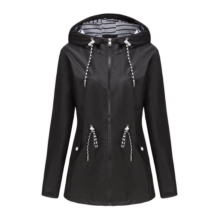 Long Sleeved Splashproof Mid Length Windbreaker For Women's Hooded Raincoat - Image 3