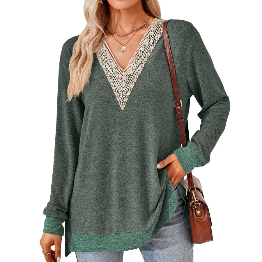 Women's Fashion V-neck Lace Solid Color Loose-fitting T-shirt Top - Image 9