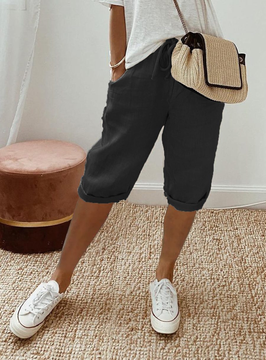Women's Cotton And Linen Pocket Elasticated Slacks Women's Fifth Pants - Image 7