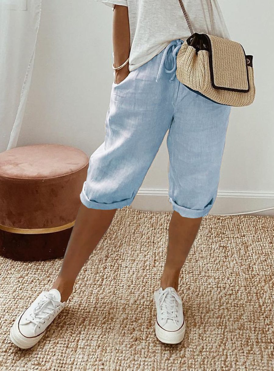Women's Cotton And Linen Pocket Elasticated Slacks Women's Fifth Pants - Image 4