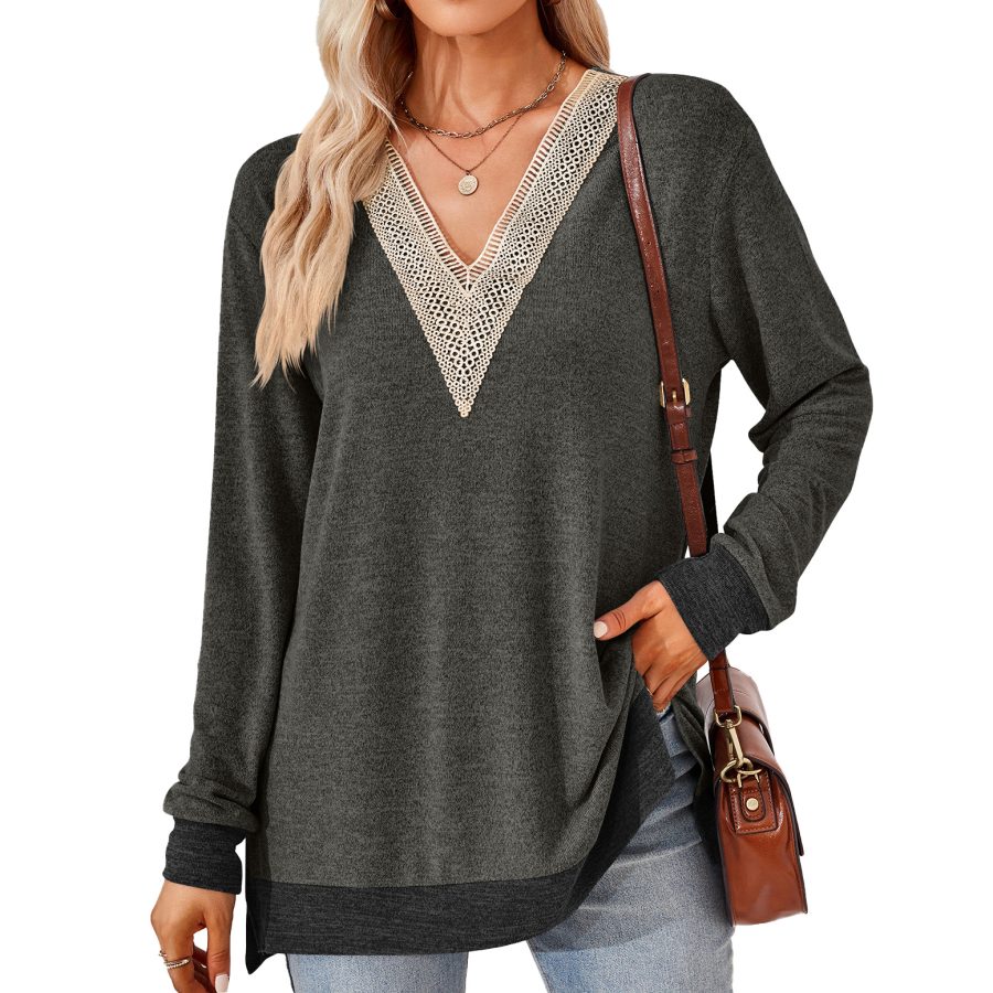 Women's Fashion V-neck Lace Solid Color Loose-fitting T-shirt Top - Image 3