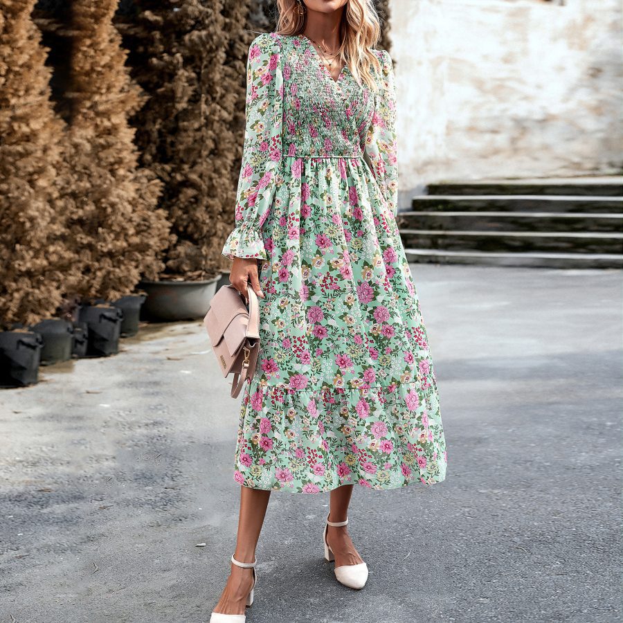 Women's Fashion Elegant V-neck Print Dress - Image 7