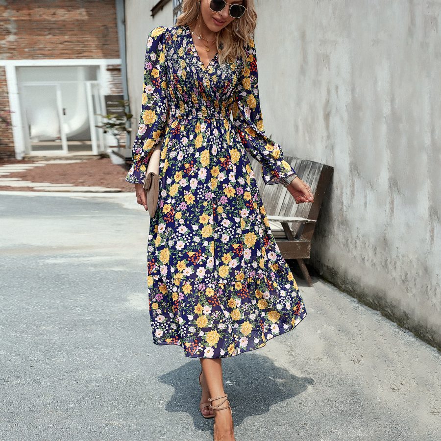 Women's Fashion Elegant V-neck Print Dress - Image 4