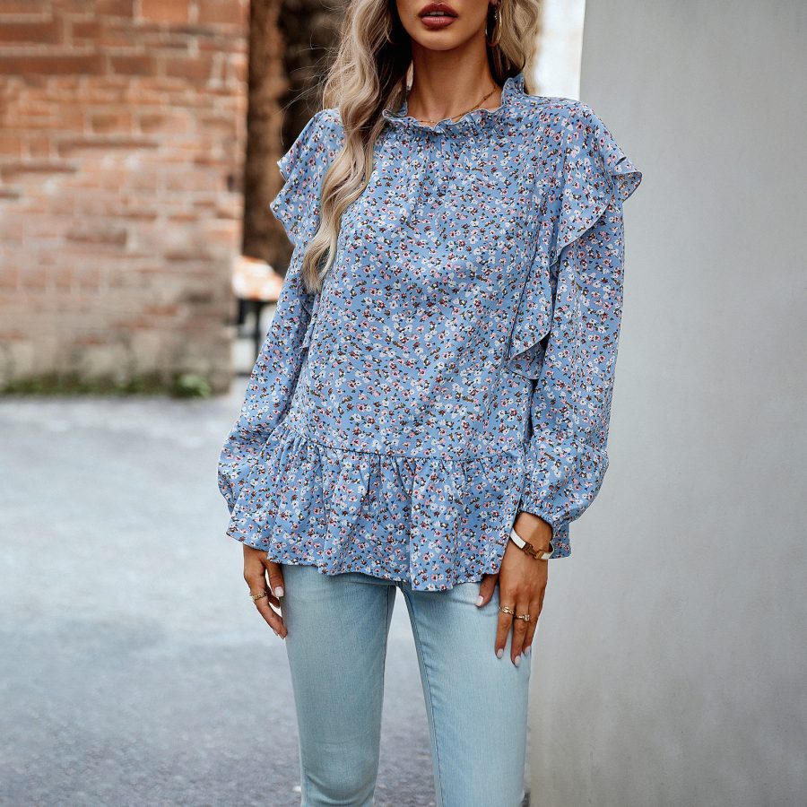 Women's Fashionable Simple Round Neck Floral Shirt Top - Image 6