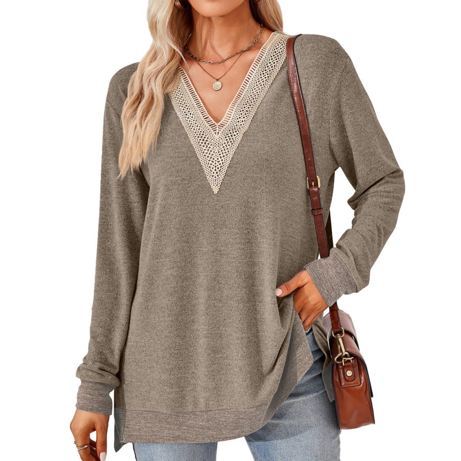 Women's Fashion V-neck Lace Solid Color Loose-fitting T-shirt Top - Image 6
