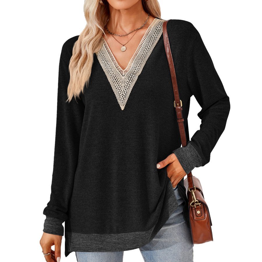 Women's Fashion V-neck Lace Solid Color Loose-fitting T-shirt Top - Image 2