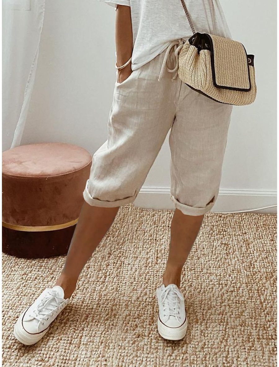 Women's Cotton And Linen Pocket Elasticated Slacks Women's Fifth Pants - Image 3
