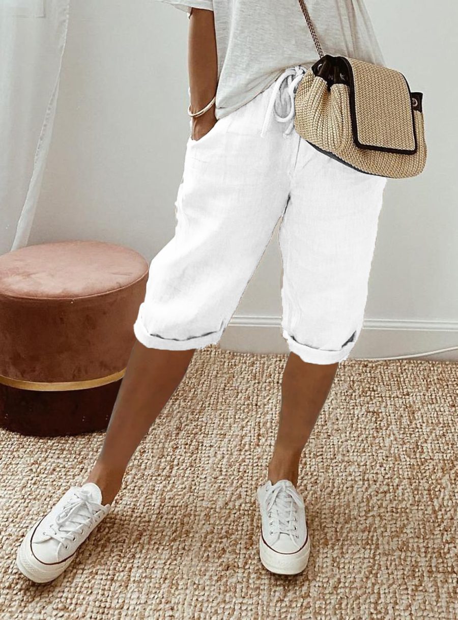 Women's Cotton And Linen Pocket Elasticated Slacks Women's Fifth Pants - Image 5
