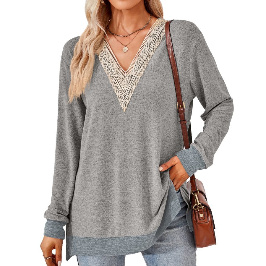 Women's Fashion V-neck Lace Solid Color Loose-fitting T-shirt Top - Image 4