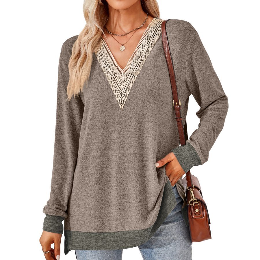 Women's Fashion V-neck Lace Solid Color Loose-fitting T-shirt Top - Image 5