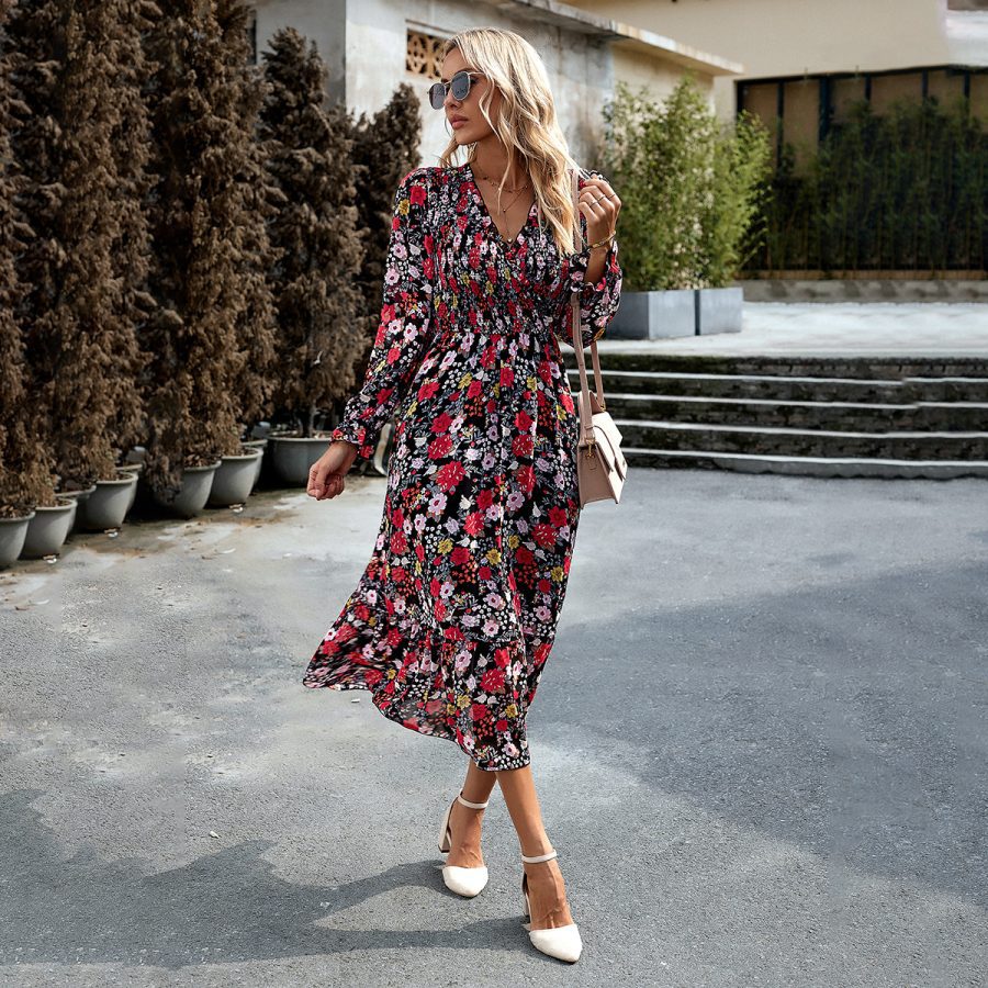Women's Fashion Elegant V-neck Print Dress - Image 6