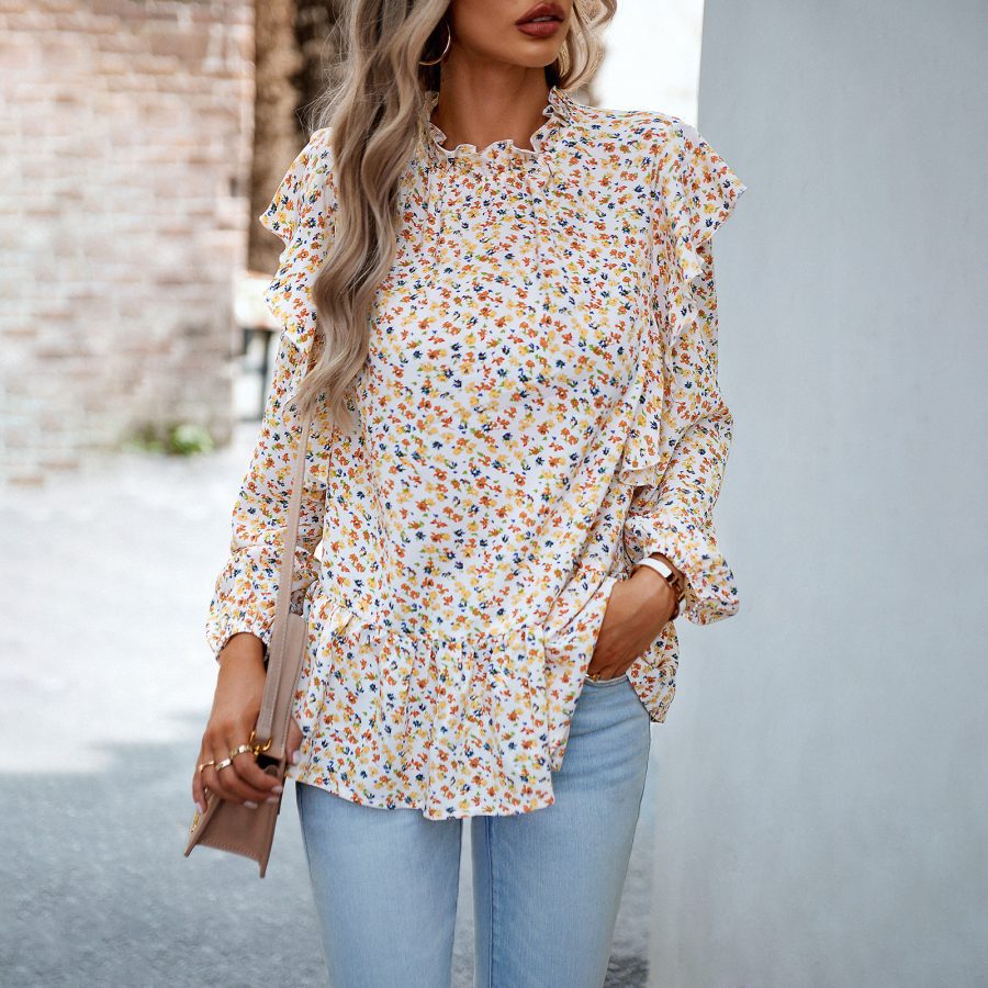 Women's Fashionable Simple Round Neck Floral Shirt Top - Image 3