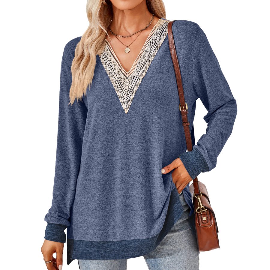 Women's Fashion V-neck Lace Solid Color Loose-fitting T-shirt Top - Image 8
