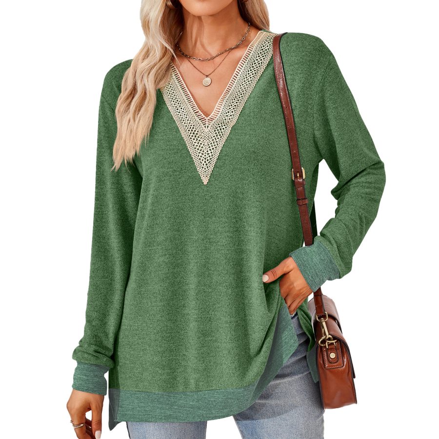 Women's Fashion V-neck Lace Solid Color Loose-fitting T-shirt Top - Image 10