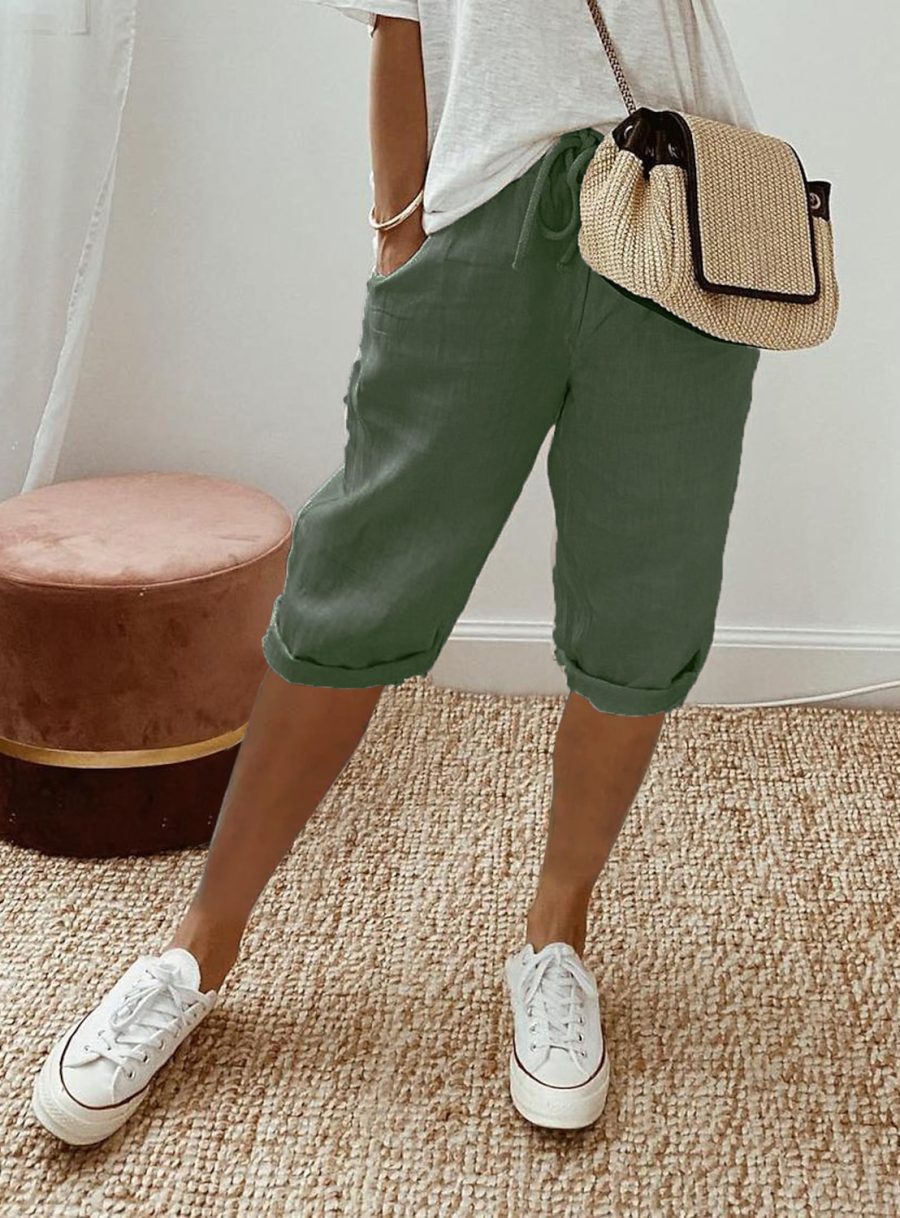 Women's Cotton And Linen Pocket Elasticated Slacks Women's Fifth Pants - Image 6