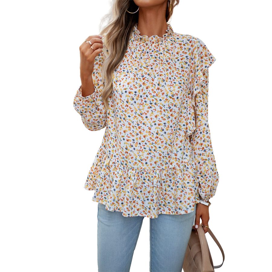 Women's Fashionable Simple Round Neck Floral Shirt Top - Image 2