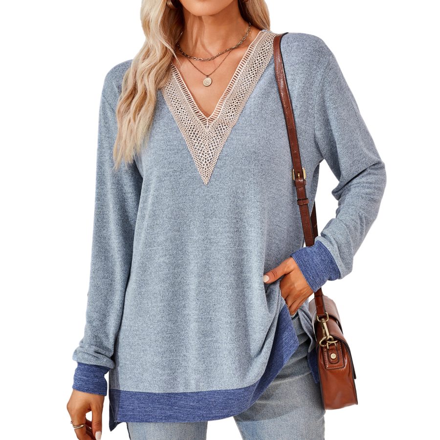 Women's Fashion V-neck Lace Solid Color Loose-fitting T-shirt Top - Image 7