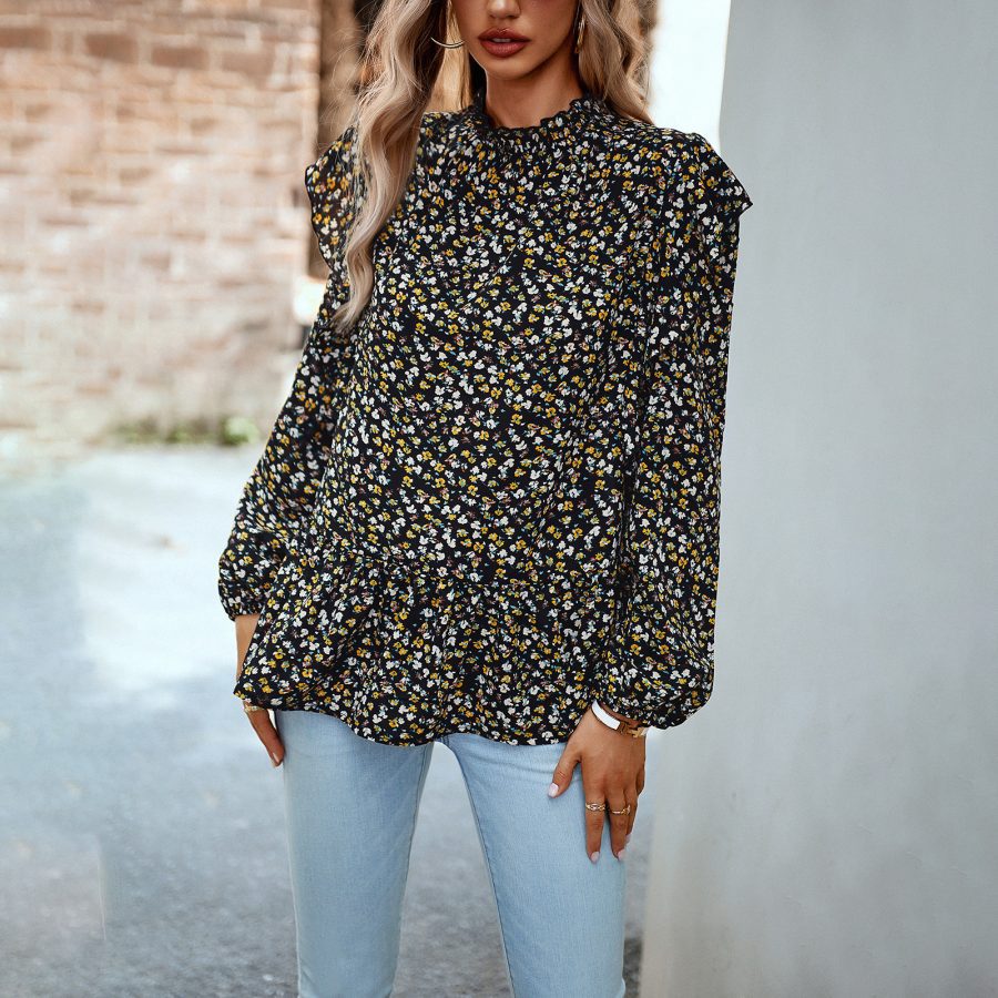 Women's Fashionable Simple Round Neck Floral Shirt Top - Image 5