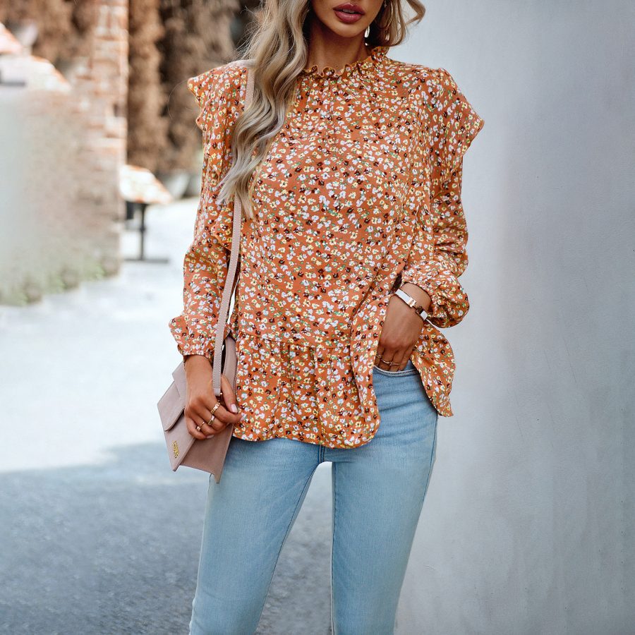 Women's Fashionable Simple Round Neck Floral Shirt Top - Image 4