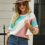 Women's Fashionable Simple Striped Patchwork Round Neck Sweater - Image 2