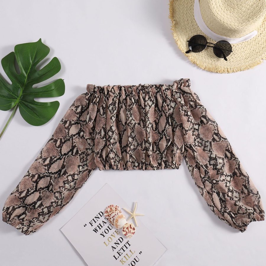 Sexy Long-sleeved Snake Print Chiffon Blouse Cropped Bra Blouse Top Women - Image 4