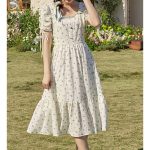 Sweet Print Pearl Square Tie Midi Dress