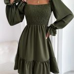 Flared Long Sleeve Dresses Women Square Neck Ruffled Swing Dress - Image 6