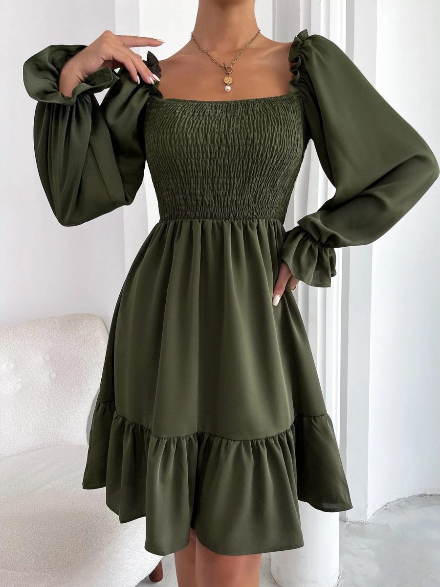 Flared Long Sleeve Dresses Women Square Neck Ruffled Swing Dress - Image 6