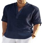 Men's Casual Cotton Linen Solid Color Long Sleeve Shirt Loose Stand Collar - Image 5