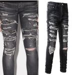 Grey Cashew Flower Pleated Patch With Holes Slim Fitting Jeans - Image 7